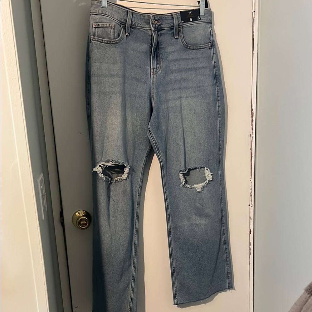 Hollister Blue Straight Leg Jeans with Distressed Details